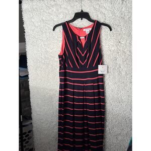 WOMEN.S SALMON AND NAVY BLUE STRIPED SLEEVELESS  LONG DRESS.